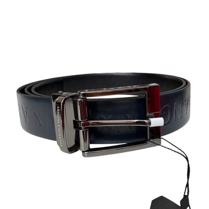 Cintura Armani Exchange - Vera pelle logata - Nero/ blu - Reversibile